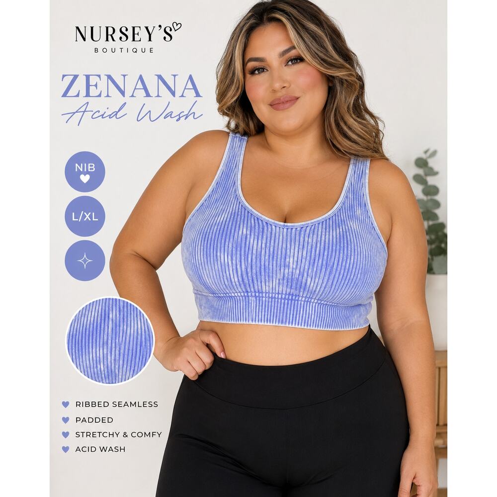 NIB Zenana Blue Acid Wash Ribbed Padded Seamless Crop Tank L/XL